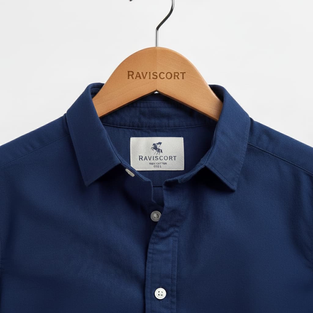 Navy shirt on a Raviscort wooden hanger
